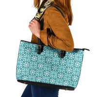 Cyan Palaka Quilt Hawaii Leather Tote Bag Hawaiian Tropical Monstera Sea Turtle