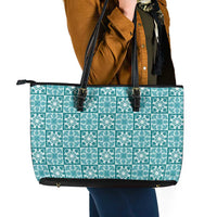 Cyan Palaka Quilt Hawaii Leather Tote Bag Hawaiian Tropical Monstera Sea Turtle