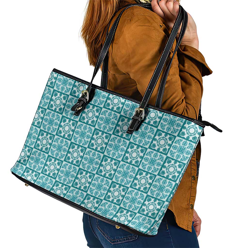 Cyan Palaka Quilt Hawaii Leather Tote Bag Hawaiian Tropical Monstera Sea Turtle