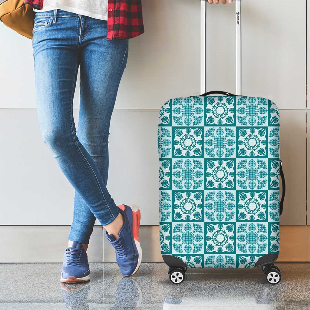 Cyan Palaka Quilt Hawaii Luggage Cover Hawaiian Tropical Monstera Sea Turtle