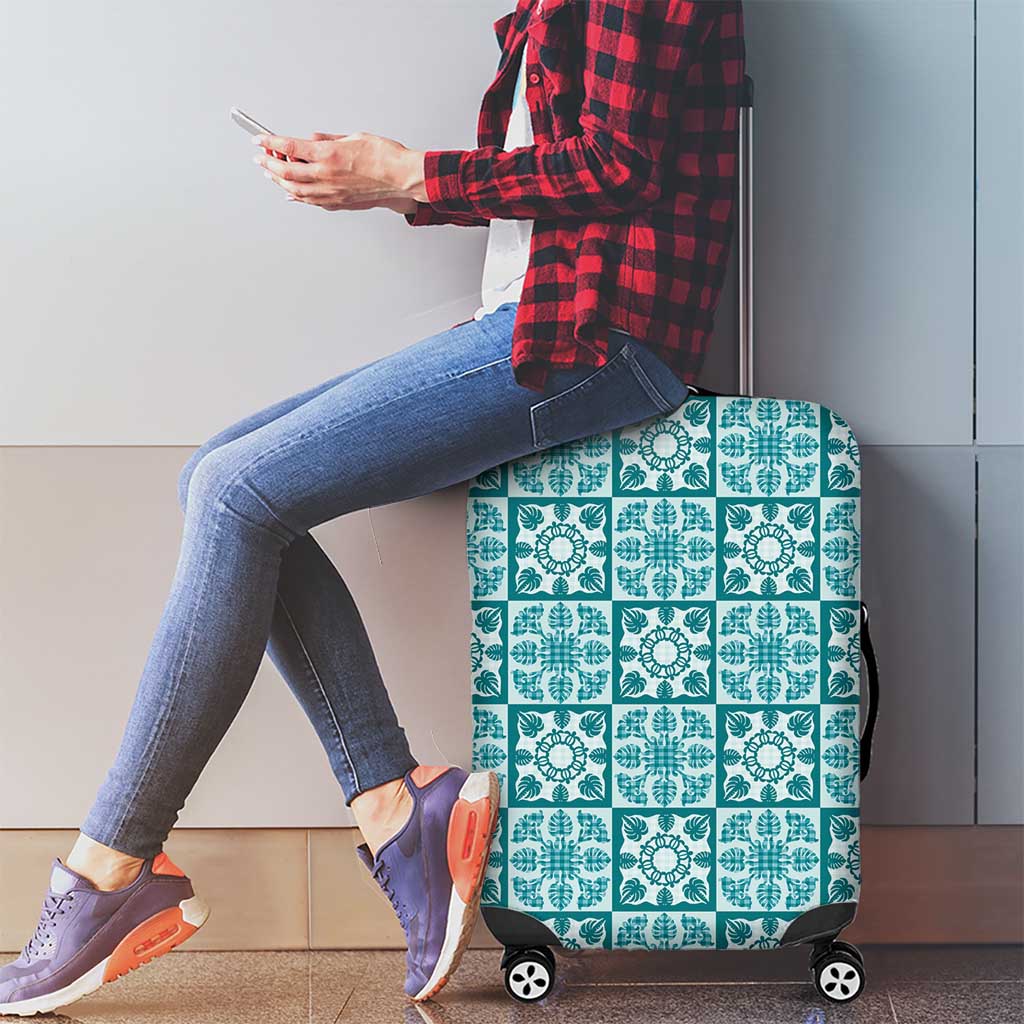 Cyan Palaka Quilt Hawaii Luggage Cover Hawaiian Tropical Monstera Sea Turtle