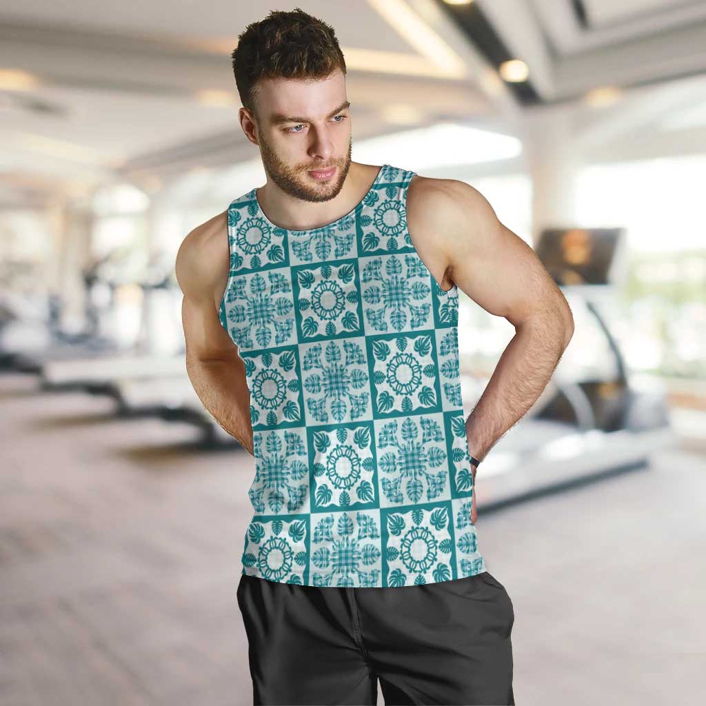Cyan Palaka Quilt Hawaii Men Tank Top Hawaiian Tropical Monstera Sea Turtle
