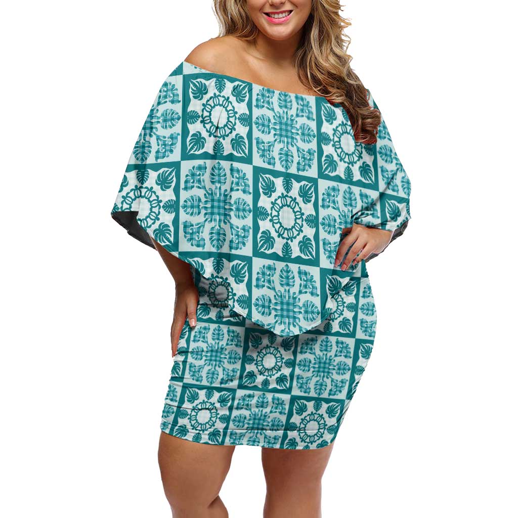 Cyan Palaka Quilt Hawaii Off Shoulder Short Dress Hawaiian Tropical Monstera Sea Turtle