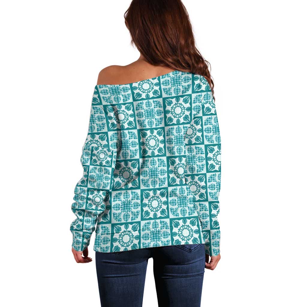 Cyan Palaka Quilt Hawaii Off Shoulder Sweater Hawaiian Tropical Monstera Sea Turtle