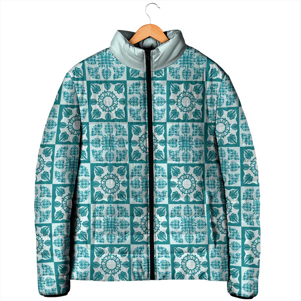 Cyan Palaka Quilt Hawaii Padded Jacket Hawaiian Tropical Monstera Sea Turtle