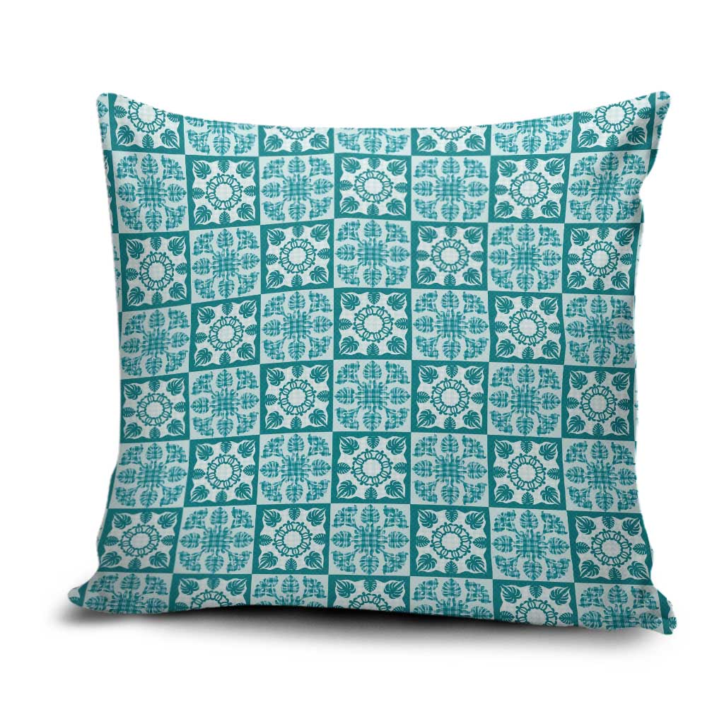 Cyan Palaka Quilt Hawaii Pillow Cover Hawaiian Tropical Monstera Sea Turtle
