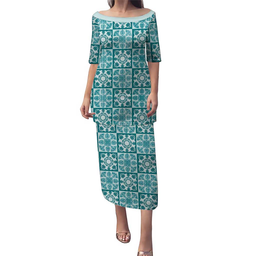 Cyan Palaka Quilt Hawaii Puletasi Hawaiian Tropical Monstera Sea Turtle
