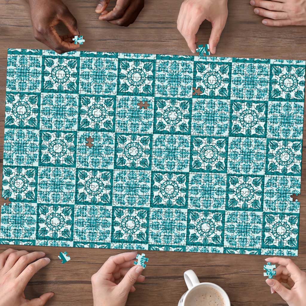 Cyan Palaka Quilt Hawaii Puzzle Hawaiian Tropical Monstera Sea Turtle