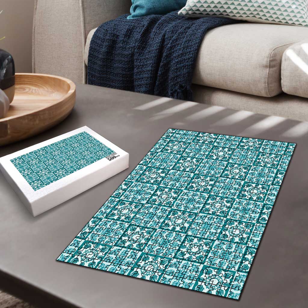 Cyan Palaka Quilt Hawaii Puzzle Hawaiian Tropical Monstera Sea Turtle