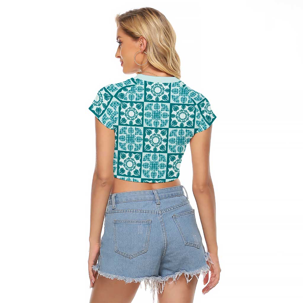 Cyan Palaka Quilt Hawaii Raglan Cropped T Shirt Hawaiian Tropical Monstera Sea Turtle