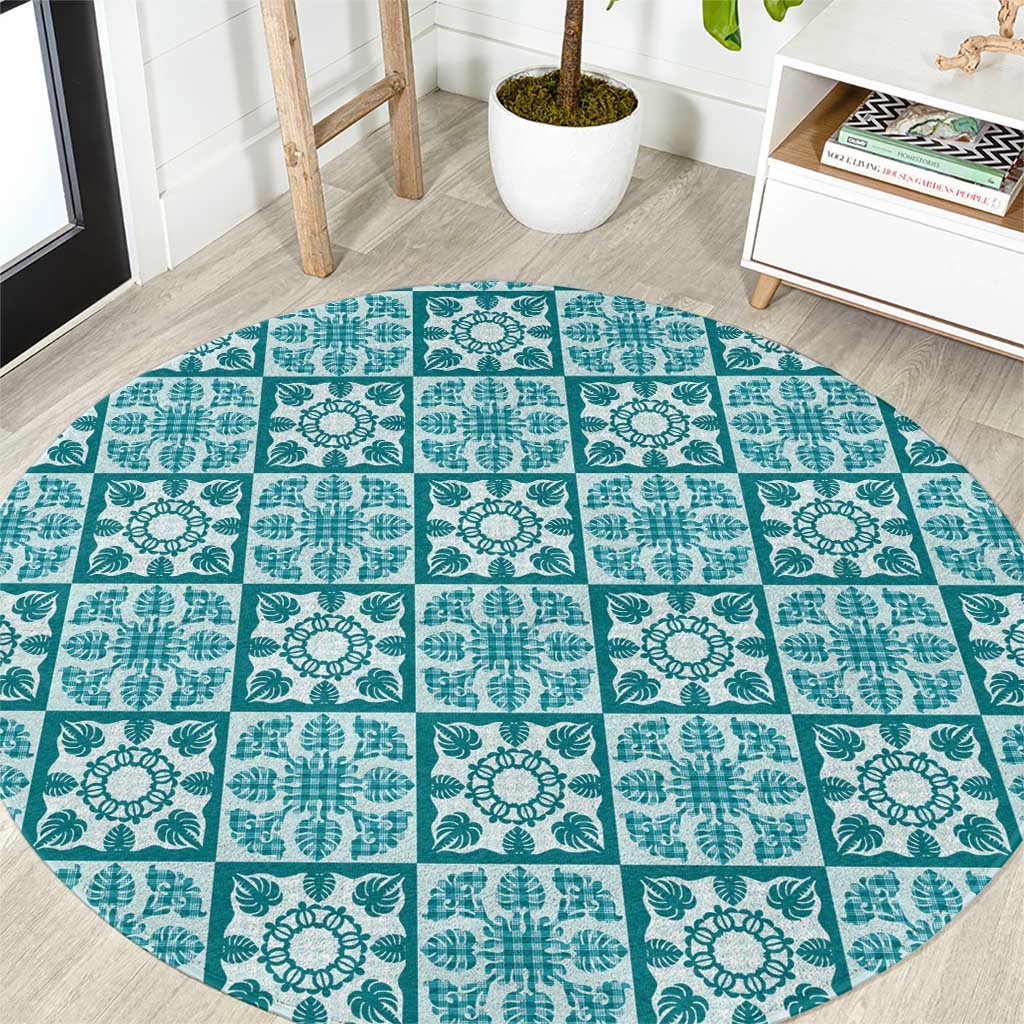 Cyan Palaka Quilt Hawaii Round Carpet Hawaiian Tropical Monstera Sea Turtle