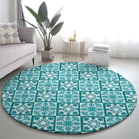 Cyan Palaka Quilt Hawaii Round Carpet Hawaiian Tropical Monstera Sea Turtle