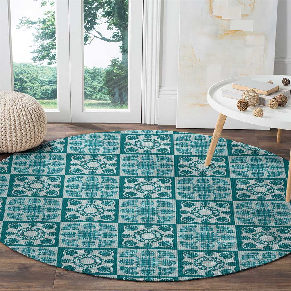 Cyan Palaka Quilt Hawaii Round Carpet Hawaiian Tropical Monstera Sea Turtle