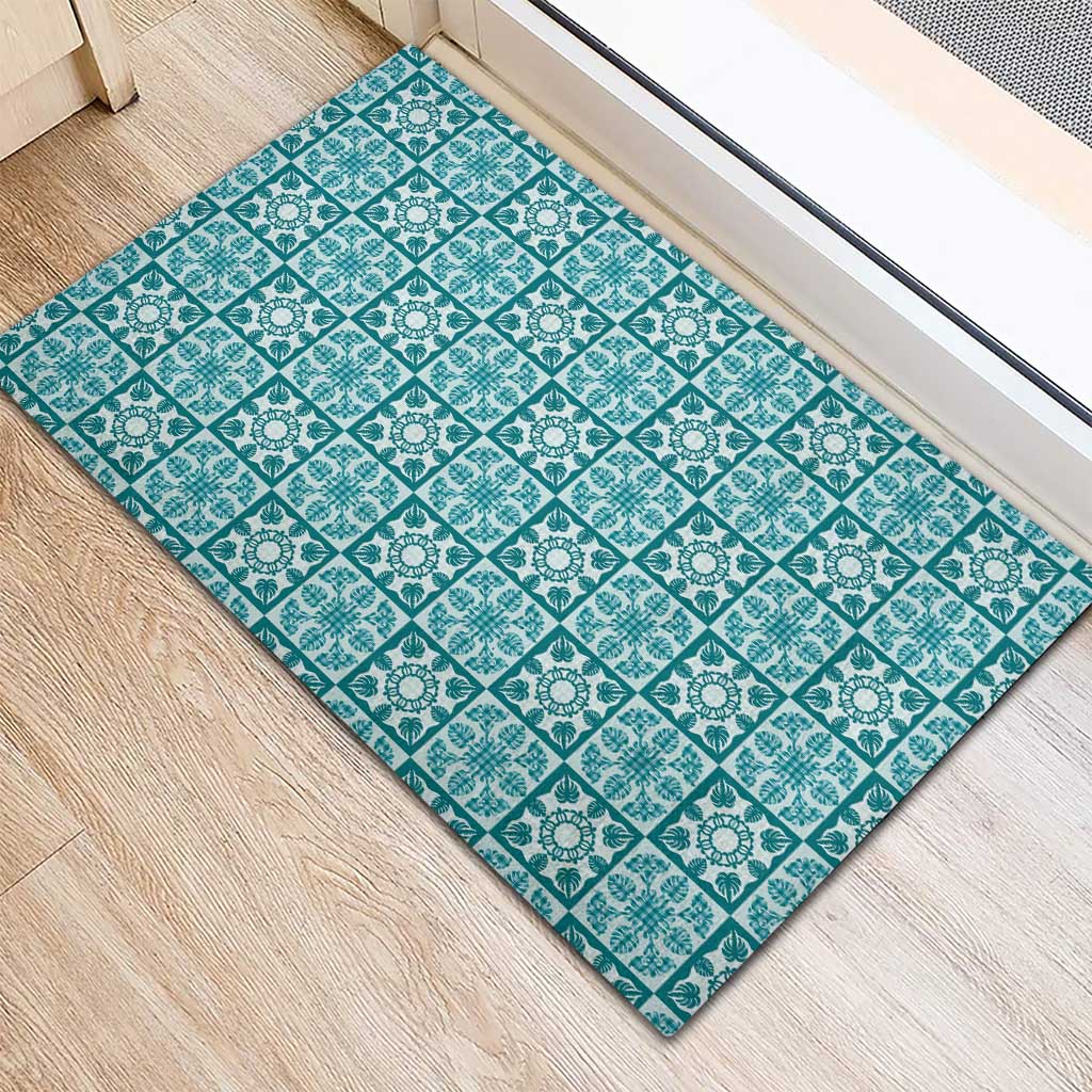 Cyan Palaka Quilt Hawaii Rubber Doormat Hawaiian Tropical Monstera Sea Turtle