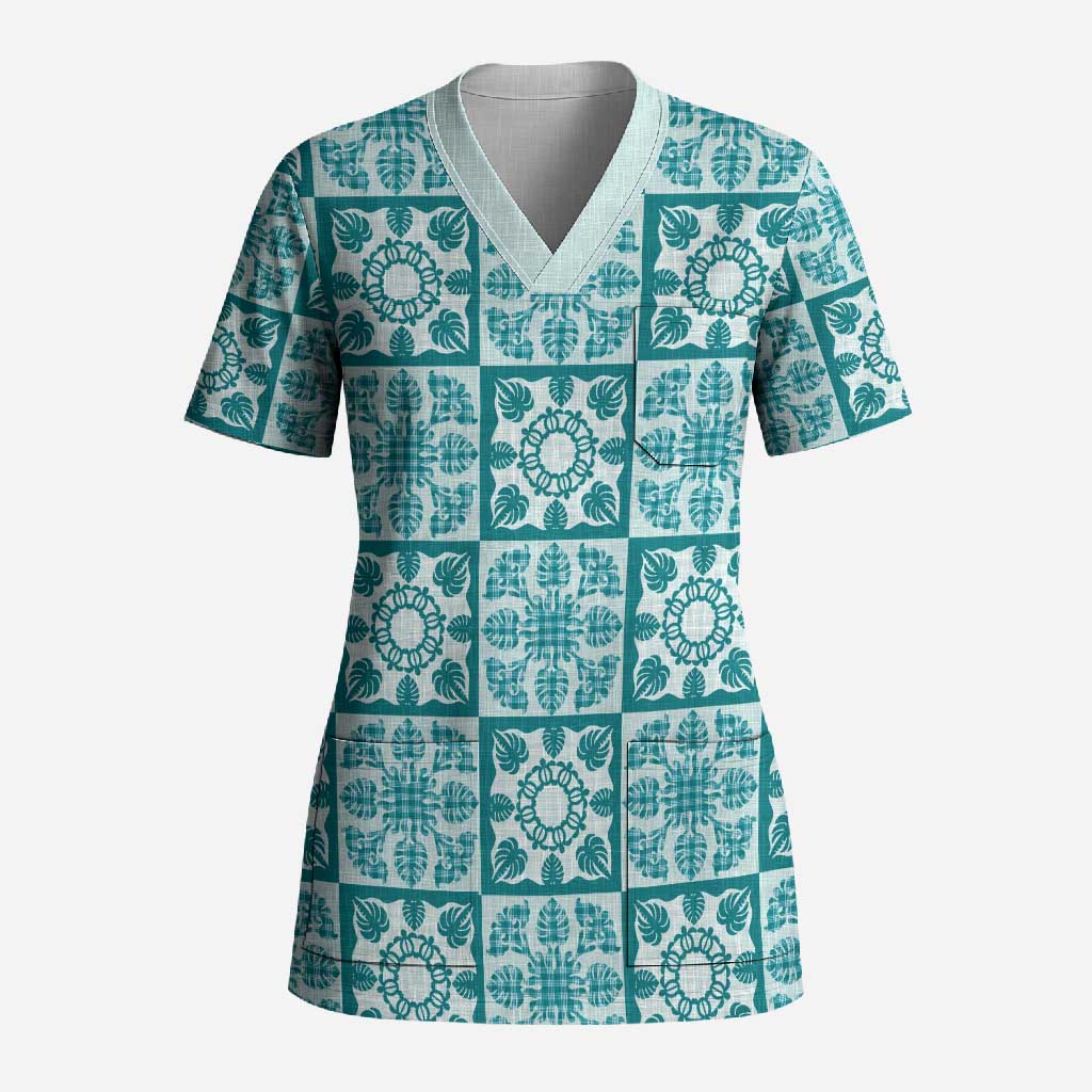 Cyan Palaka Quilt Hawaii Scrub Top Hawaiian Tropical Monstera Sea Turtle