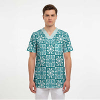 Cyan Palaka Quilt Hawaii Scrub Top Hawaiian Tropical Monstera Sea Turtle