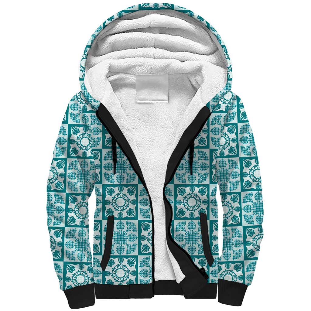 Cyan Palaka Quilt Hawaii Sherpa Hoodie Hawaiian Tropical Monstera Sea Turtle