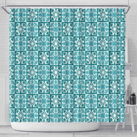 Cyan Palaka Quilt Hawaii Shower Curtain Hawaiian Tropical Monstera Sea Turtle