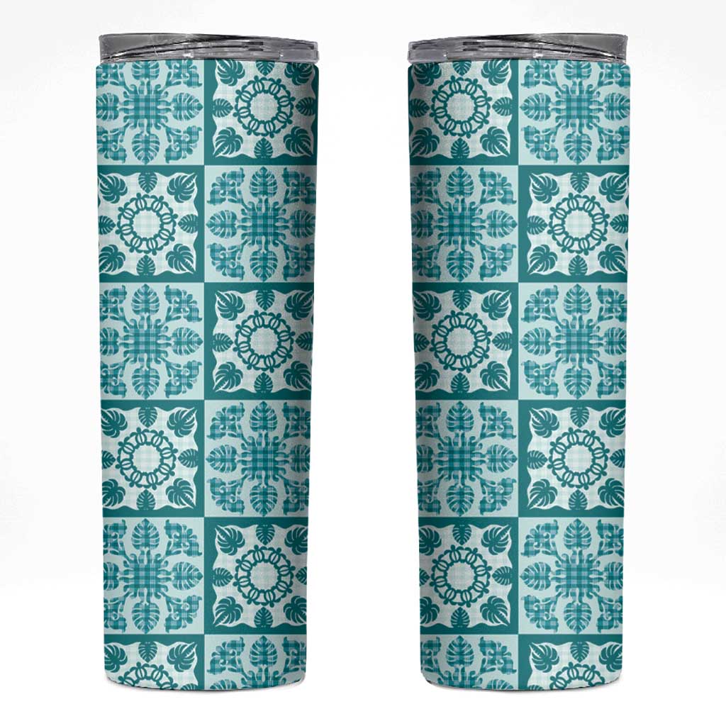 Cyan Palaka Quilt Hawaii Skinny Tumbler Hawaiian Tropical Monstera Sea Turtle LT14 Cyan - Polynesian Pride