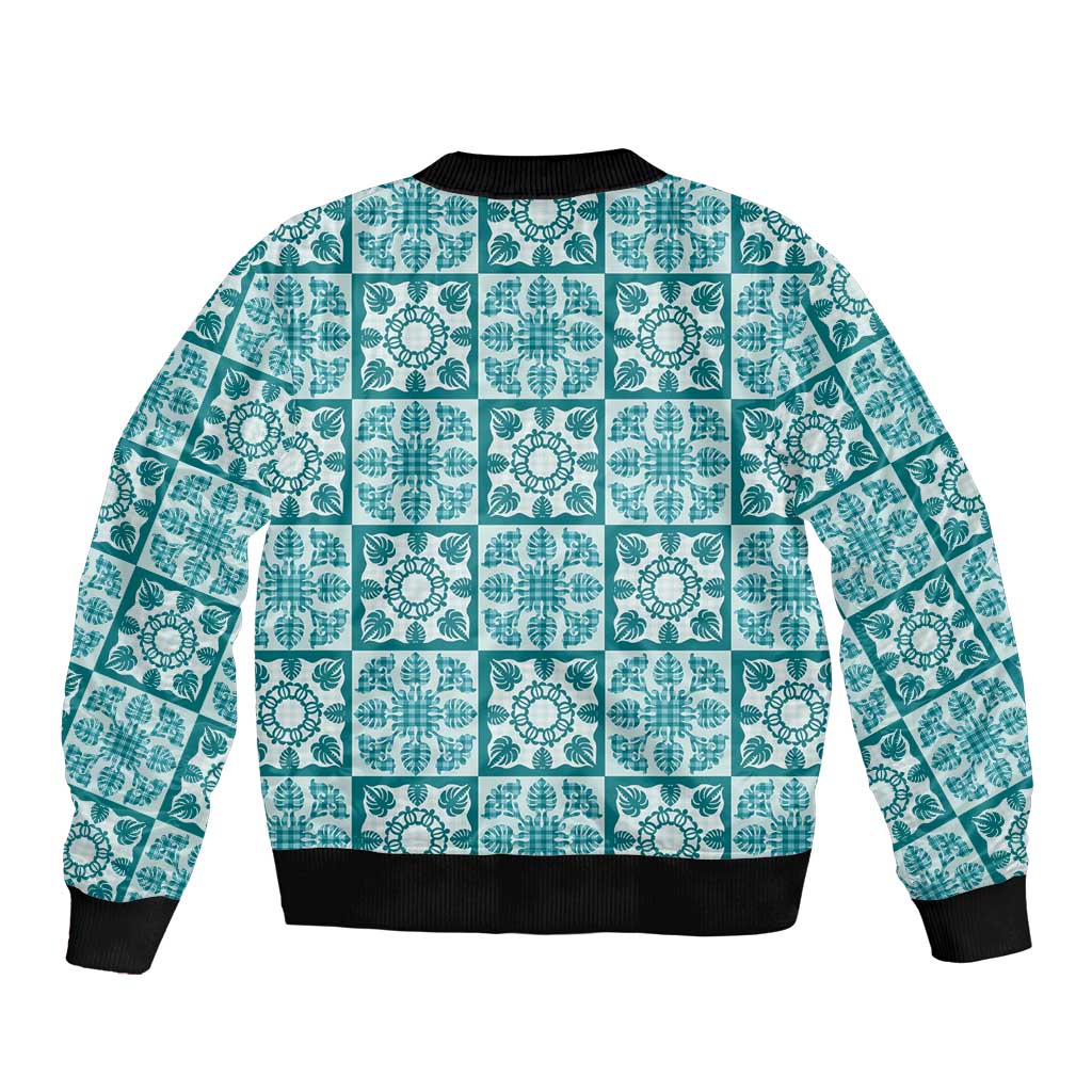 Cyan Palaka Quilt Hawaii Sleeve Zip Bomber Jacket Hawaiian Tropical Monstera Sea Turtle