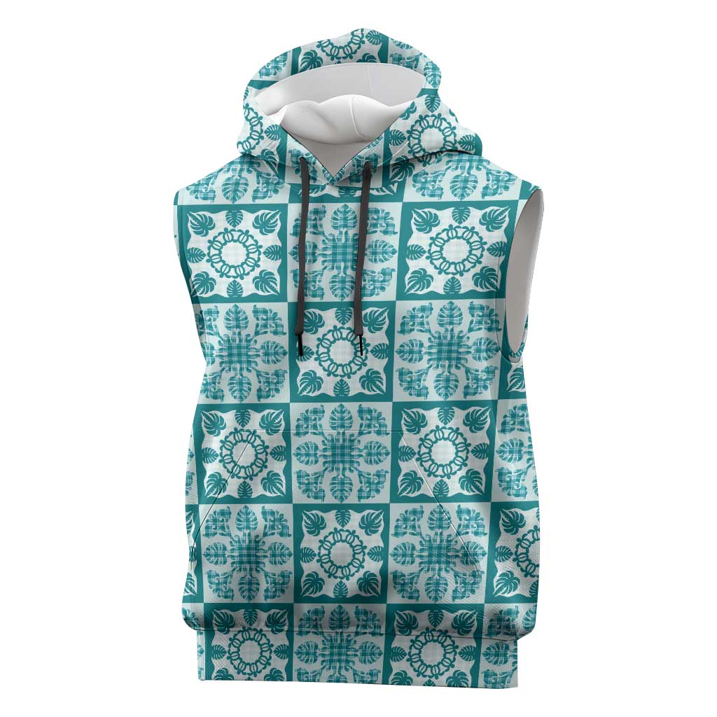 Cyan Palaka Quilt Hawaii Sleeveless Hoodie Hawaiian Tropical Monstera Sea Turtle