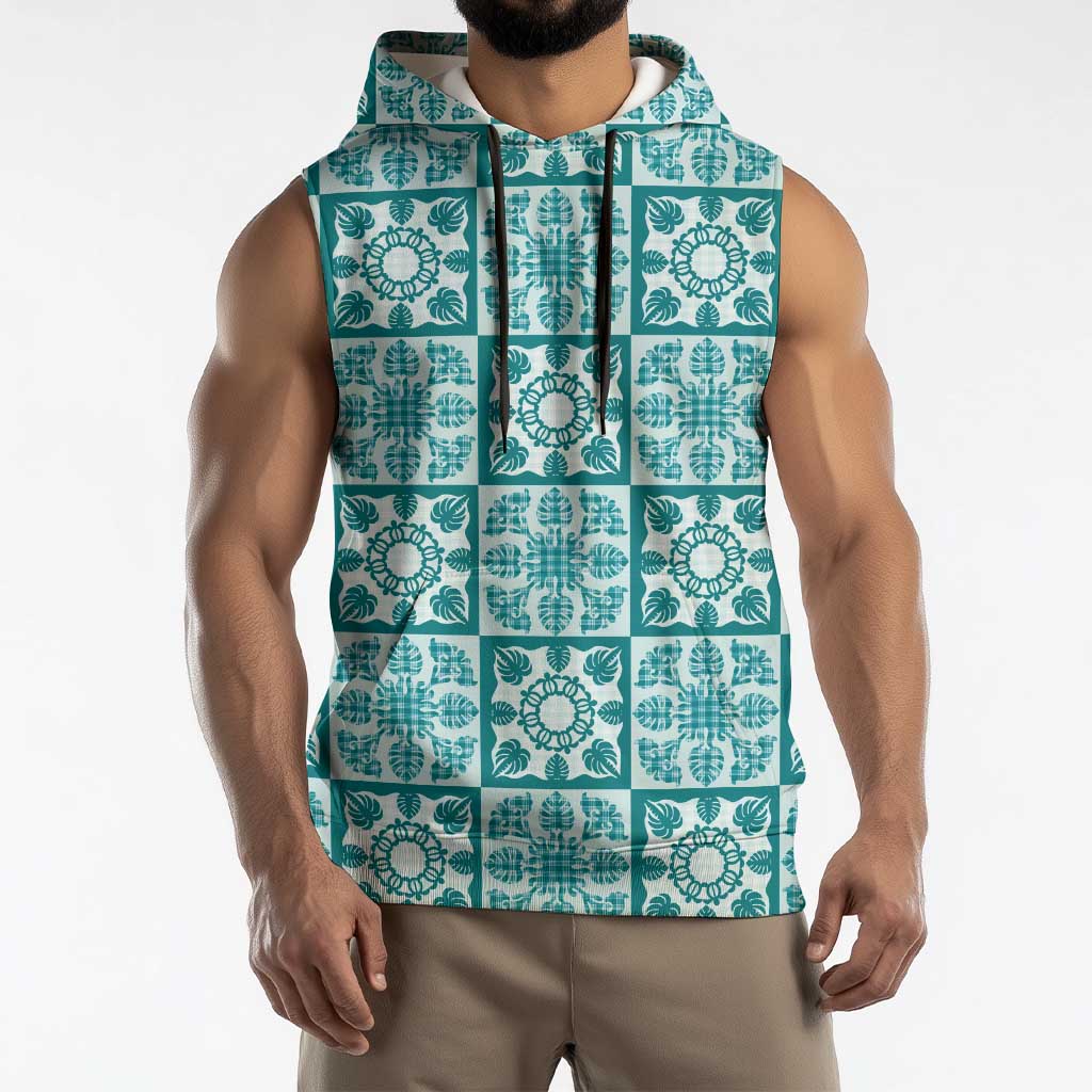 Cyan Palaka Quilt Hawaii Sleeveless Hoodie Hawaiian Tropical Monstera Sea Turtle