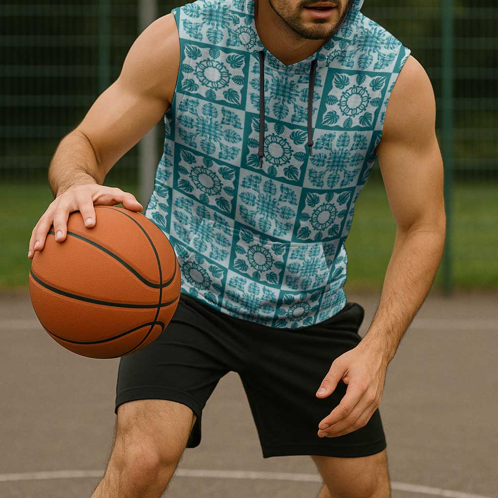 Cyan Palaka Quilt Hawaii Sleeveless Hoodie Hawaiian Tropical Monstera Sea Turtle