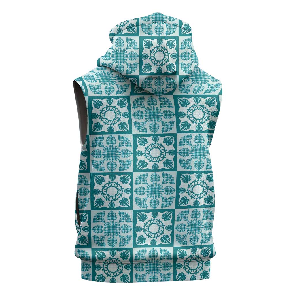 Cyan Palaka Quilt Hawaii Sleeveless Zip Hoodie Hawaiian Tropical Monstera Sea Turtle