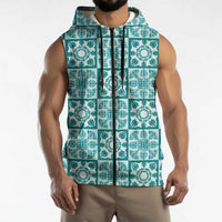 Cyan Palaka Quilt Hawaii Sleeveless Zip Hoodie Hawaiian Tropical Monstera Sea Turtle