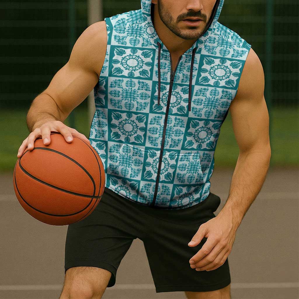 Cyan Palaka Quilt Hawaii Sleeveless Zip Hoodie Hawaiian Tropical Monstera Sea Turtle
