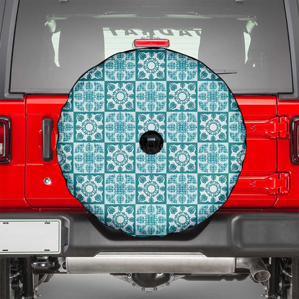 Cyan Palaka Quilt Hawaii Spare Tire Cover Hawaiian Tropical Monstera Sea Turtle