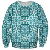 Cyan Palaka Quilt Hawaii Sweatshirt Hawaiian Tropical Monstera Sea Turtle