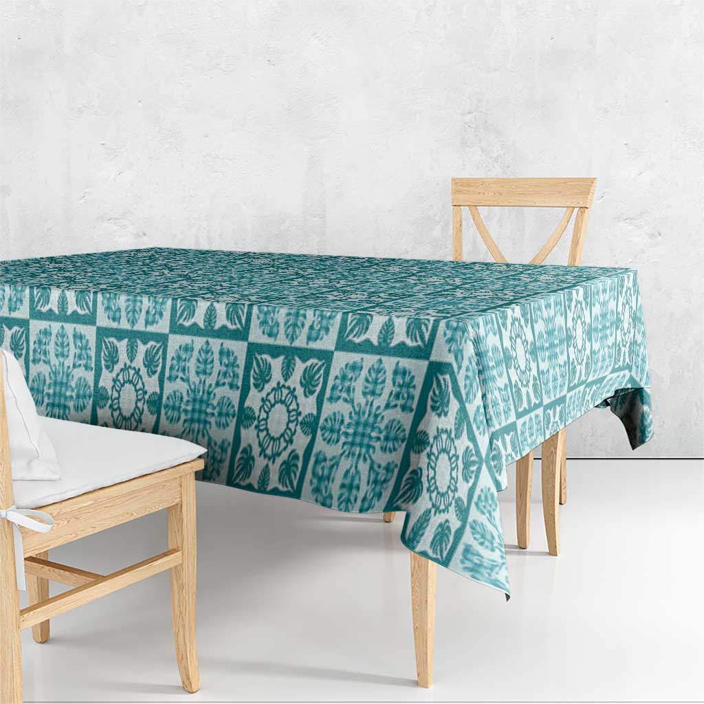 Cyan Palaka Quilt Hawaii Tablecloth Hawaiian Tropical Monstera Sea Turtle