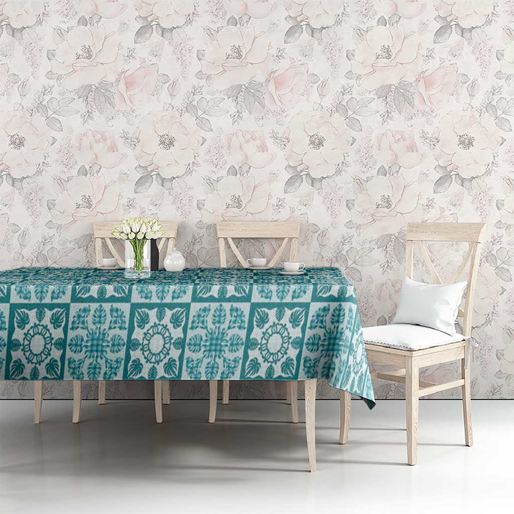 Cyan Palaka Quilt Hawaii Tablecloth Hawaiian Tropical Monstera Sea Turtle