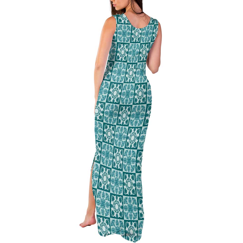 Cyan Palaka Quilt Hawaii Tank Maxi Dress Hawaiian Tropical Monstera Sea Turtle