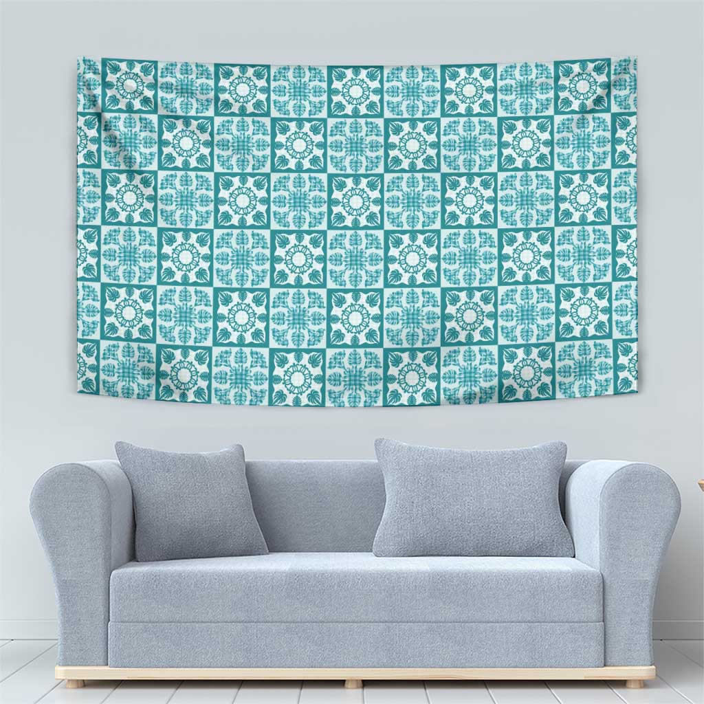 Cyan Palaka Quilt Hawaii Tapestry Hawaiian Tropical Monstera Sea Turtle