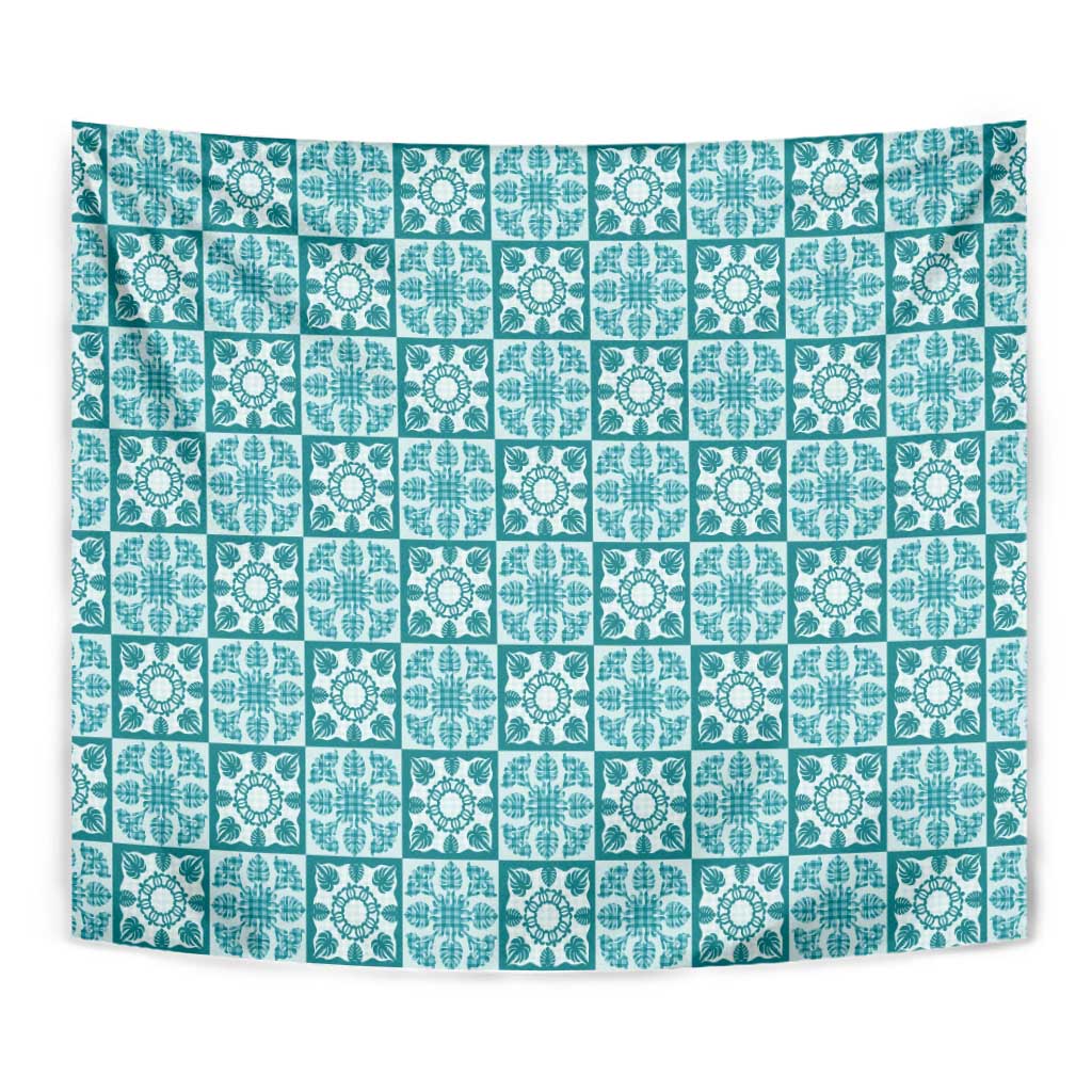 Cyan Palaka Quilt Hawaii Tapestry Hawaiian Tropical Monstera Sea Turtle