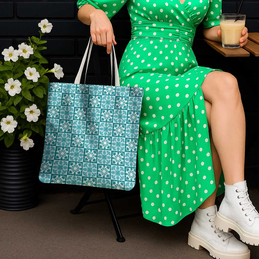 Cyan Palaka Quilt Hawaii Tote Bag Hawaiian Tropical Monstera Sea Turtle
