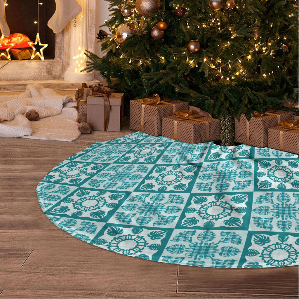 Cyan Palaka Quilt Hawaii Tree Skirt Hawaiian Tropical Monstera Sea Turtle LT14 - Polynesian Pride