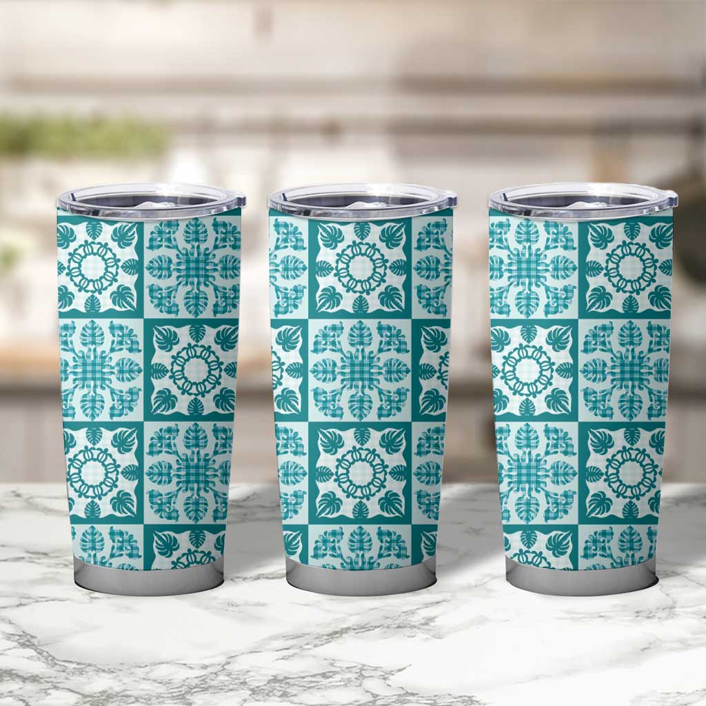 Cyan Palaka Quilt Hawaii Tumbler Cup Hawaiian Tropical Monstera Sea Turtle