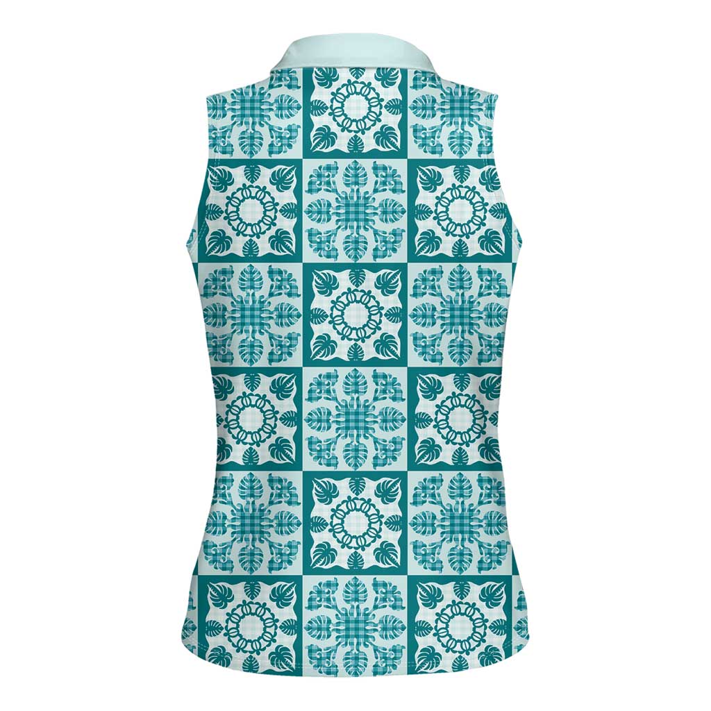 Cyan Palaka Quilt Hawaii Women Sleeveless Polo Shirt Hawaiian Tropical Monstera Sea Turtle LT14 - Polynesian Pride