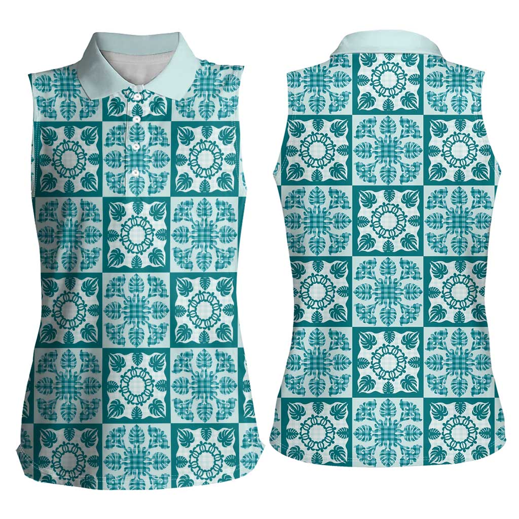 Cyan Palaka Quilt Hawaii Women Sleeveless Polo Shirt Hawaiian Tropical Monstera Sea Turtle LT14 - Polynesian Pride