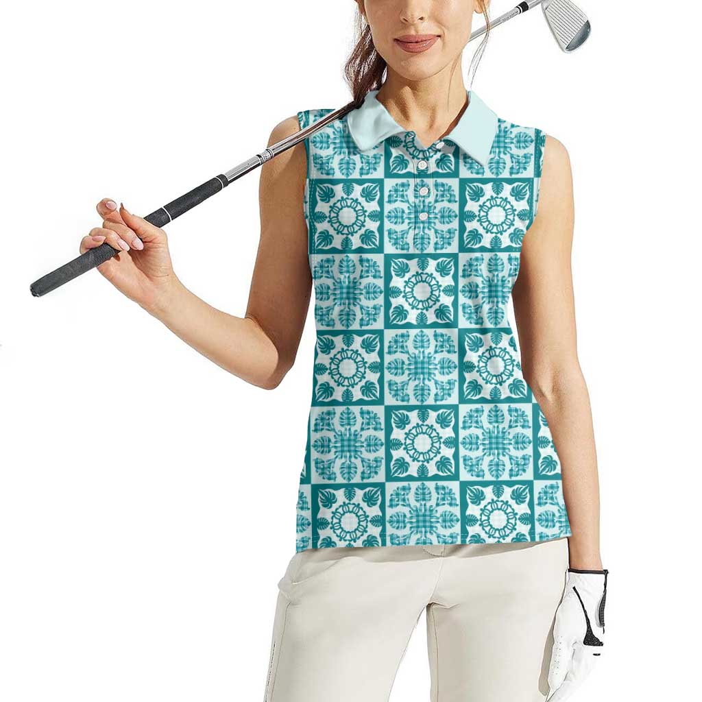 Cyan Palaka Quilt Hawaii Women Sleeveless Polo Shirt Hawaiian Tropical Monstera Sea Turtle LT14 - Polynesian Pride
