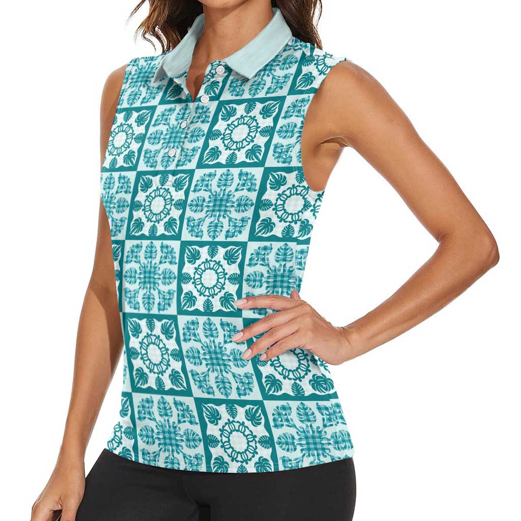 Cyan Palaka Quilt Hawaii Women Sleeveless Polo Shirt Hawaiian Tropical Monstera Sea Turtle LT14 - Polynesian Pride