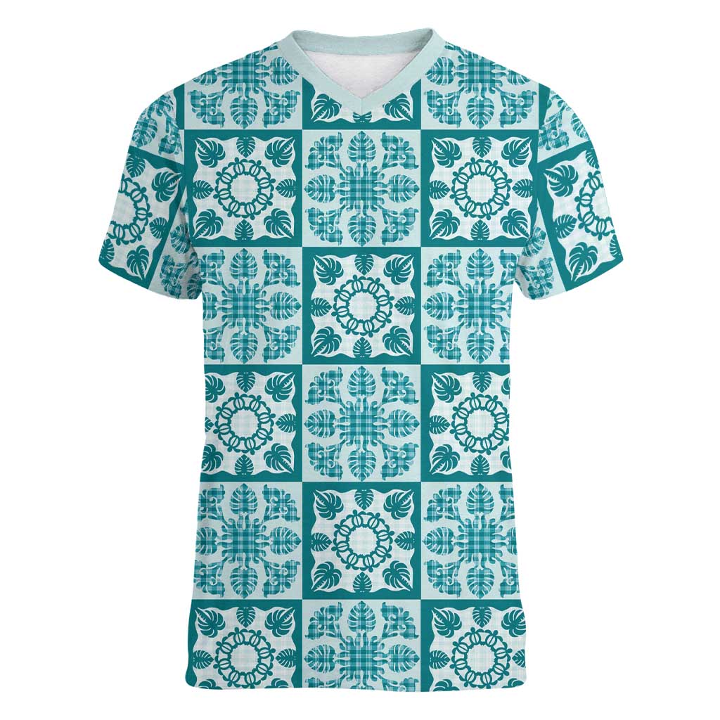 Cyan Palaka Quilt Hawaii Women V-Neck T-Shirt Hawaiian Tropical Monstera Sea Turtle LT14 Female Cyan - Polynesian Pride