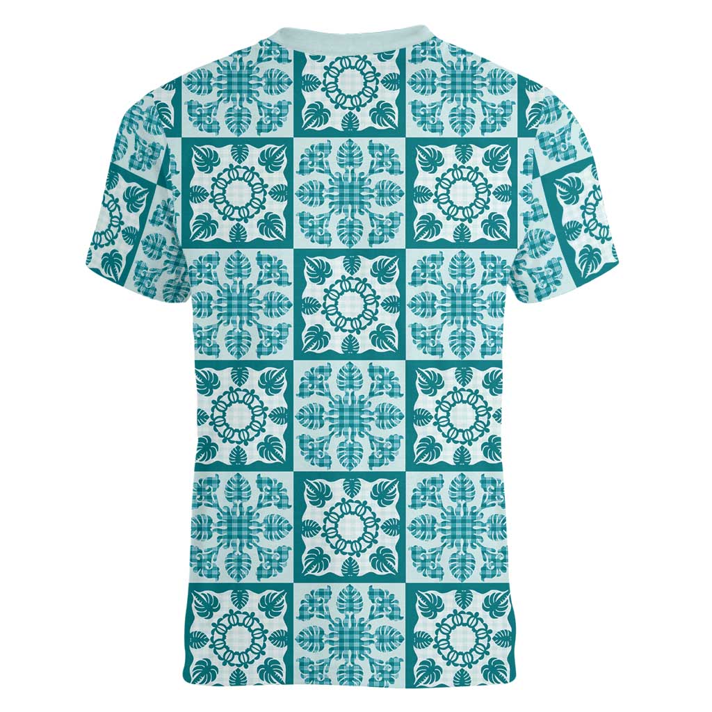 Cyan Palaka Quilt Hawaii Women V-Neck T-Shirt Hawaiian Tropical Monstera Sea Turtle LT14 - Polynesian Pride