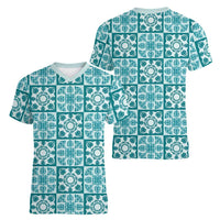 Cyan Palaka Quilt Hawaii Women V-Neck T-Shirt Hawaiian Tropical Monstera Sea Turtle LT14 - Polynesian Pride