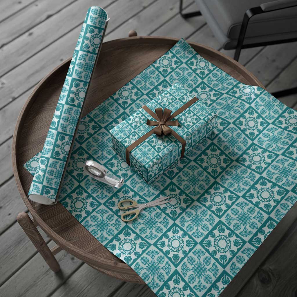 Cyan Palaka Quilt Hawaii Wrapping Paper Hawaiian Tropical Monstera Sea Turtle