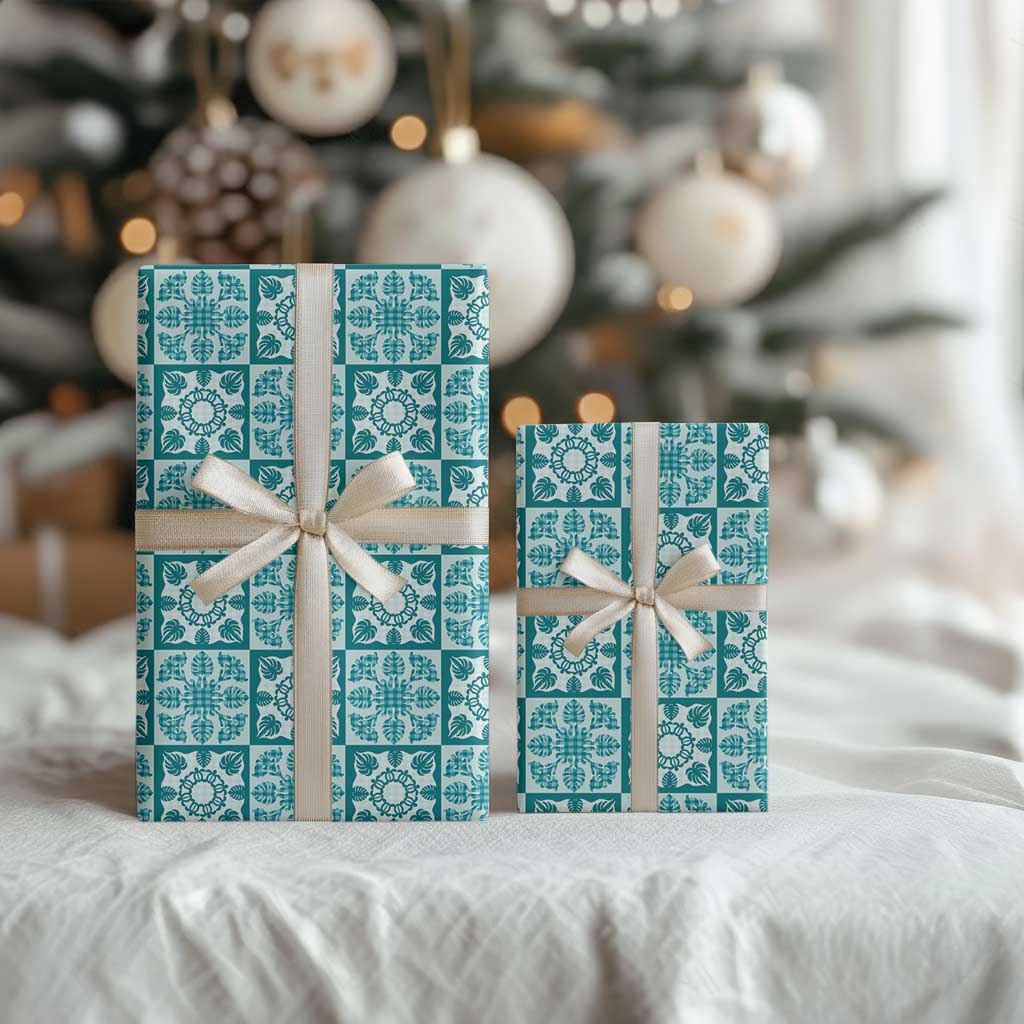 Cyan Palaka Quilt Hawaii Wrapping Paper Hawaiian Tropical Monstera Sea Turtle