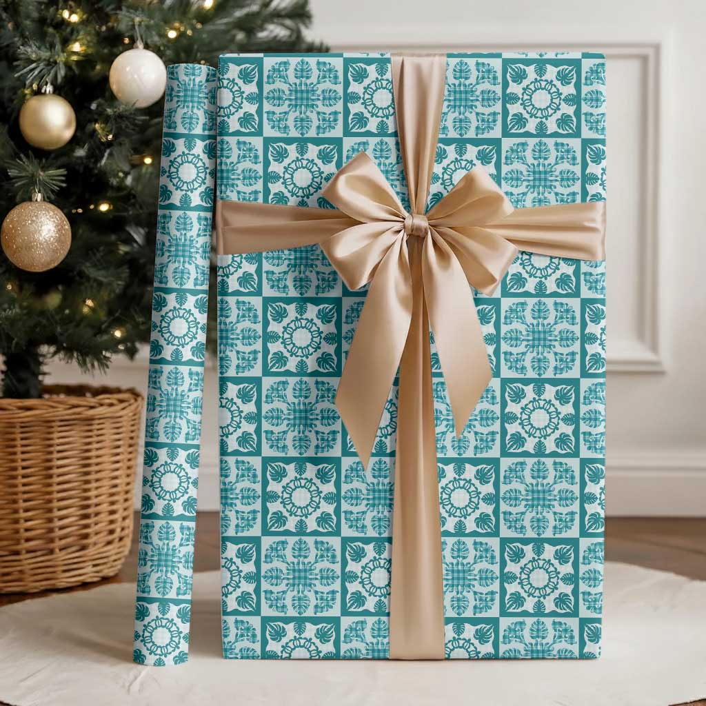 Cyan Palaka Quilt Hawaii Wrapping Paper Hawaiian Tropical Monstera Sea Turtle